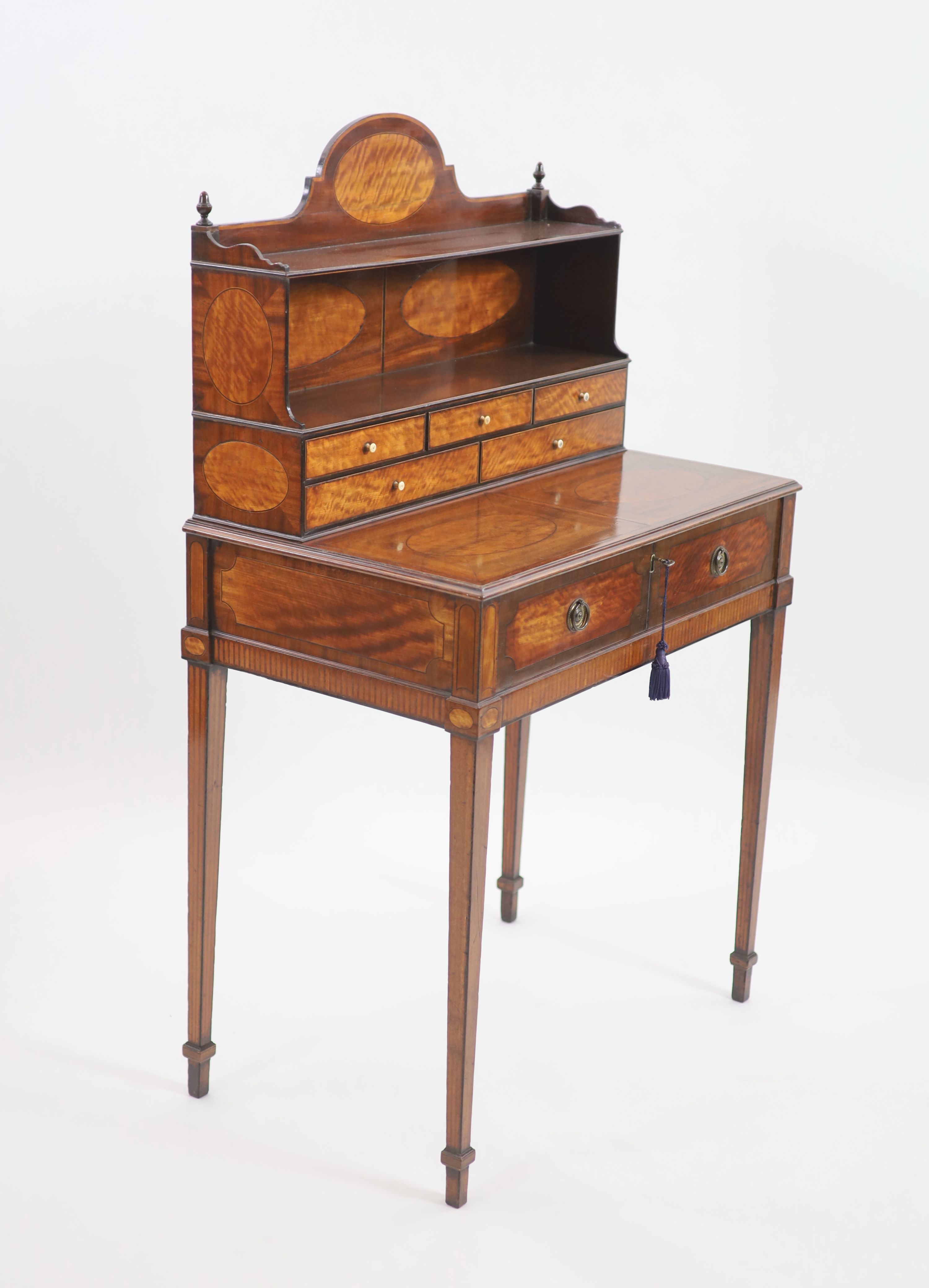 A George III Sheraton style mahogany and harewood bonheur du jour, W.78cm D.47cm H.130cm